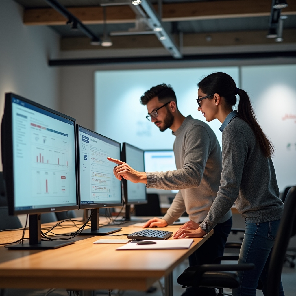 Workspace showing multiple e-commerce platform dashboards on screens