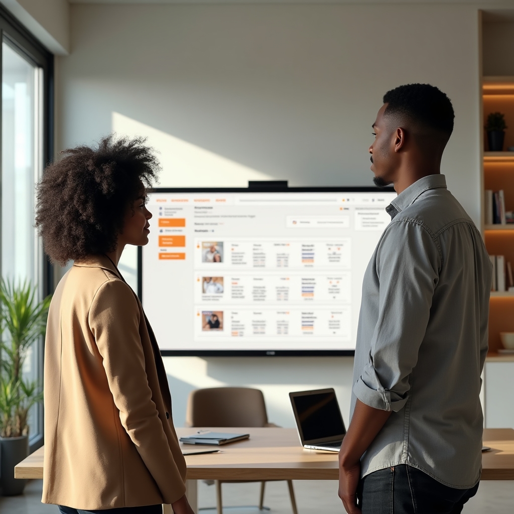 Consultants reviewing an e-commerce product page layout on a large monitor