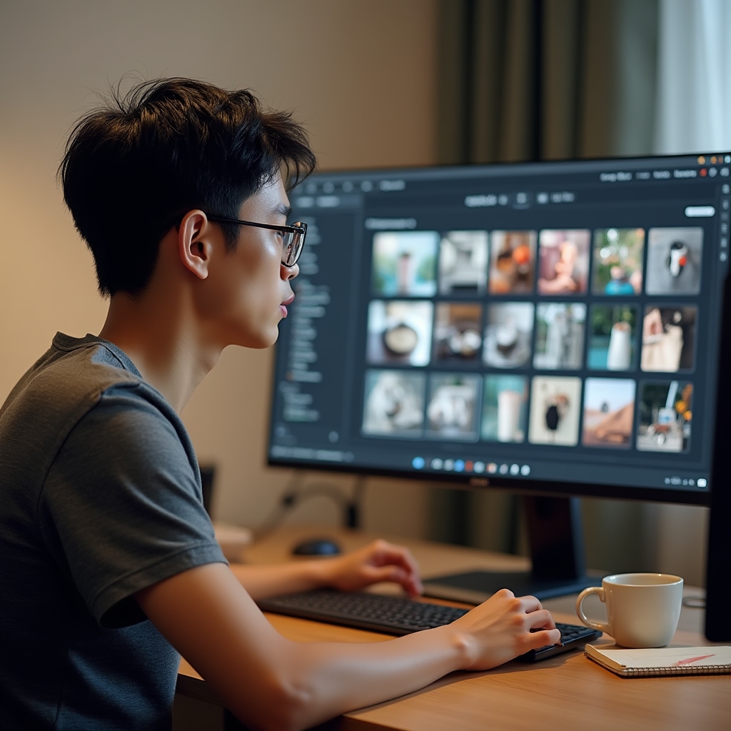 Team member organizing product photo file names and alt text on a monitor