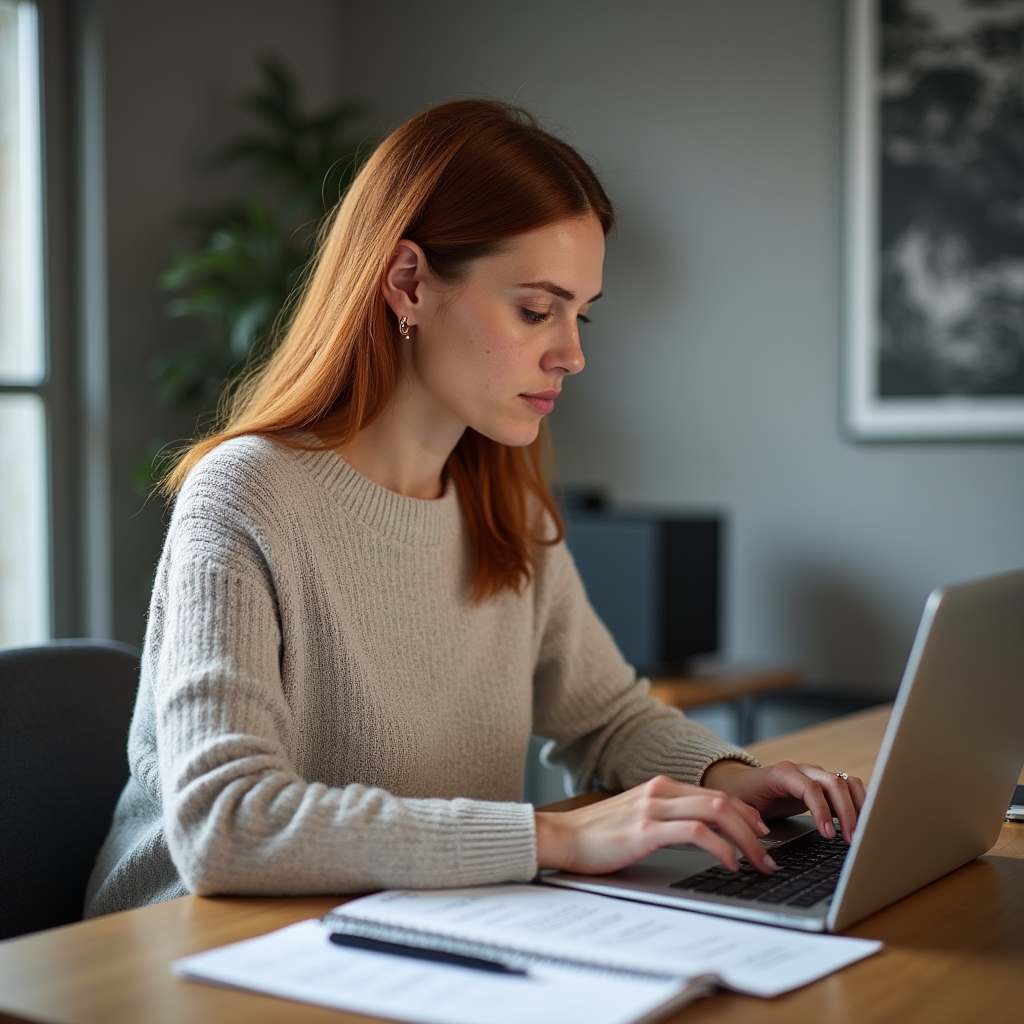 Content writer drafting a product description at a standing desk